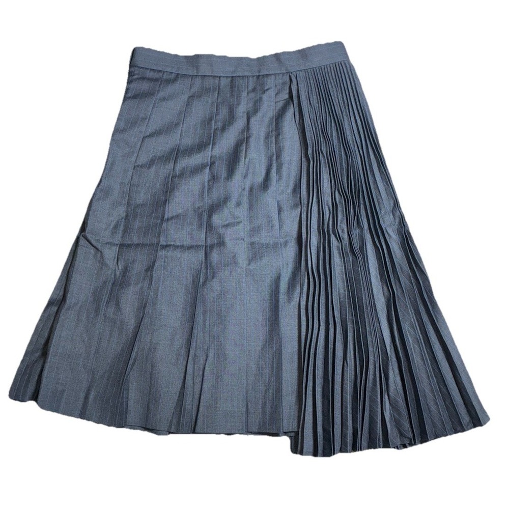 WE-AR4 Asymmetric Pleated Skirt S Gray Virgin Wool Blue Pinstripes USA NEW - Picture 5 of 11